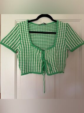 Zara Green and White Knit Tie-Front Cropped Top